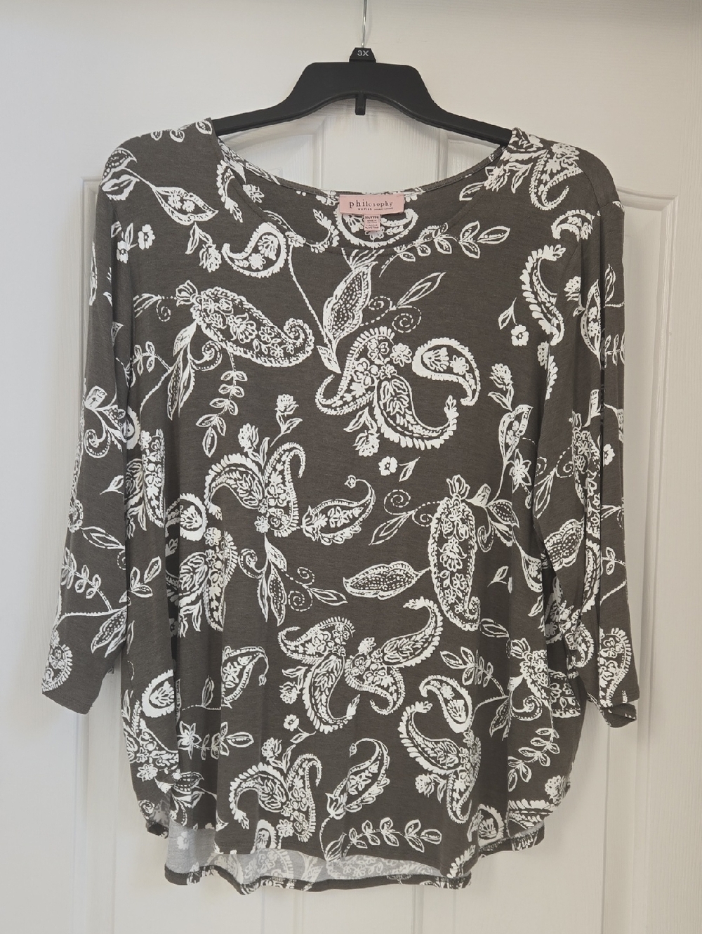 NWT Philosophy Olive 3/4-Sleeve Paisley Print Top 3x